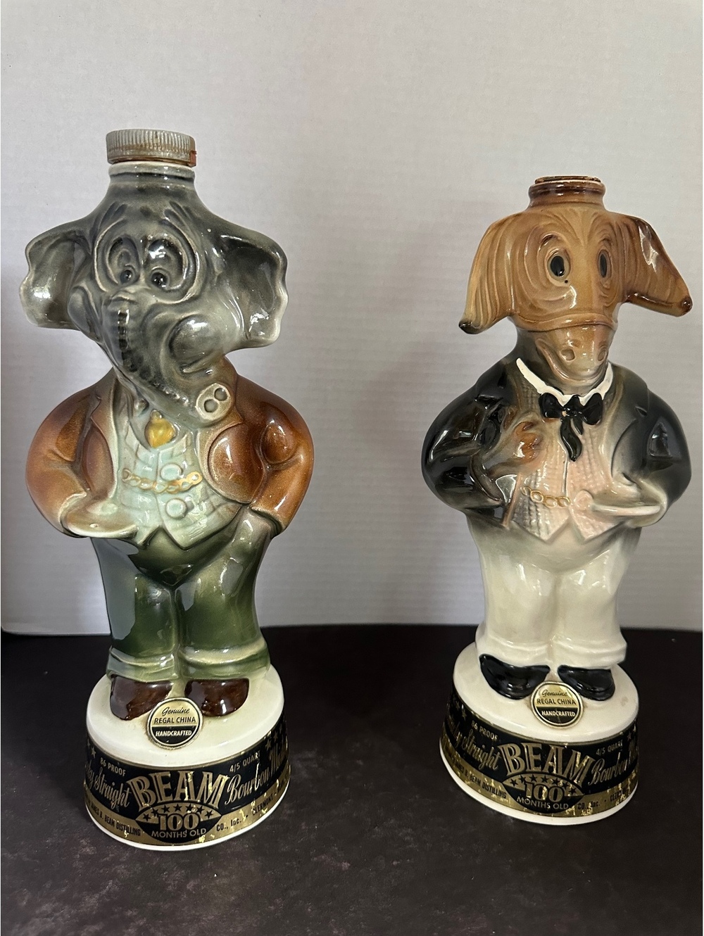Vintage Jim Beam Regal China Elephant & Donkey Decanters 100 Months Old Pair